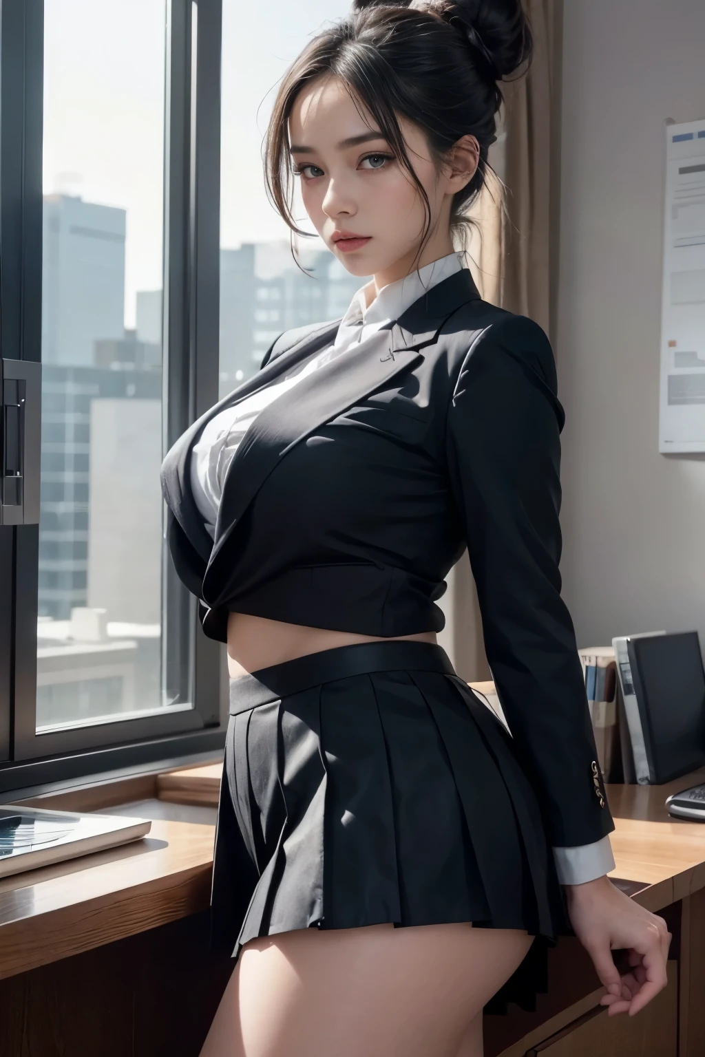 a beautiful girl with a plump body, bun hairstyle, wearing a formal suit, mini skirt, big thighs, in an office, 1girl, office setting, formal attire, pleated mini skirt, lush figure, detailed facial features, beautiful eyes, long eyelashes, sharp nose, full lips, photorealistic, cinematic lighting, warm color tones, highly detailed, 8k, masterpiece, digital painting, hyperrealistic