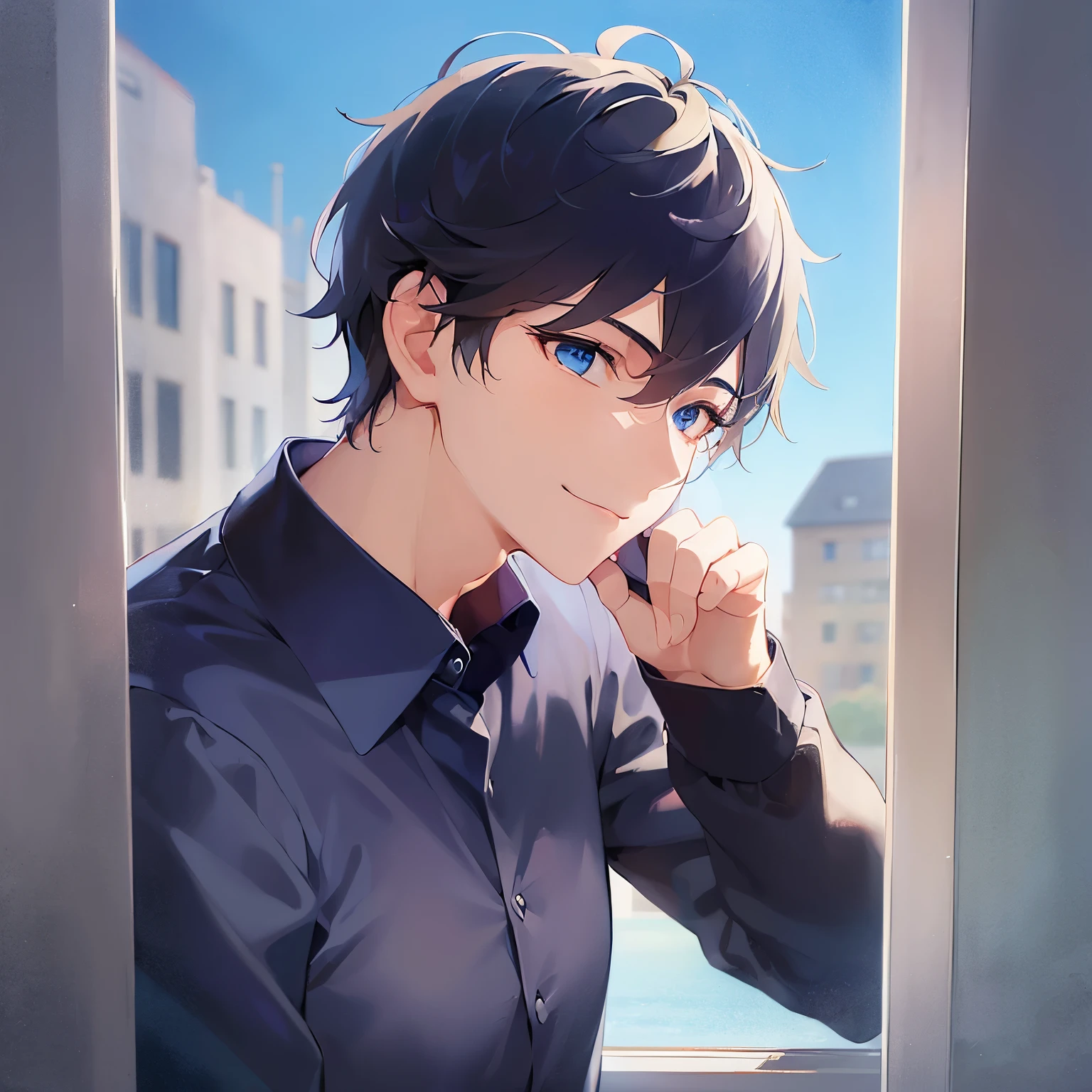 (looking away:1.5),upper body、Side shot、
shiny skin, masterpiece、Highest quality、
(25-year-old male:1.3) and (Black short hair) and (blue eyes),
(navy collared shirt)
smile,The background is the classroom、blue sky、window、(alone:1.5)