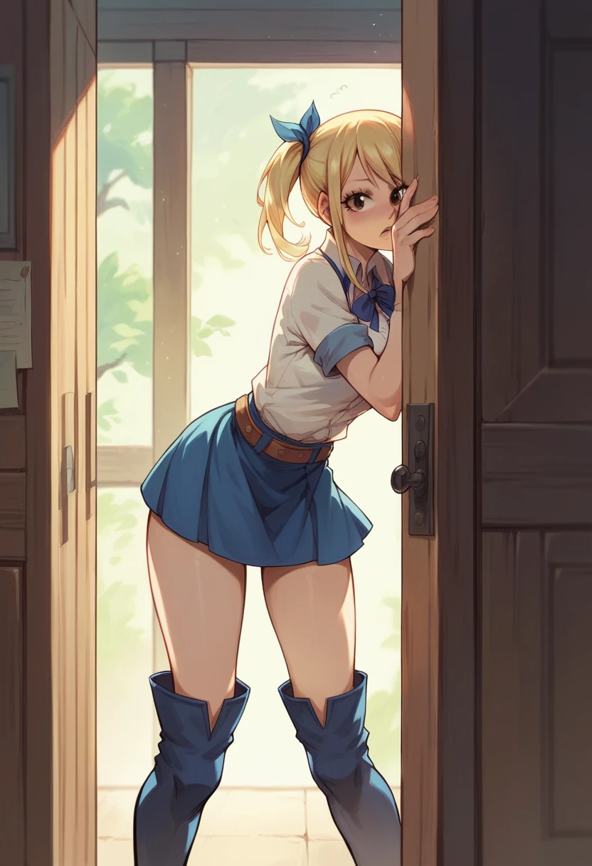 1 girl, Lucy Heartfilia, Fairy Tail, against a closed door, ear pressed against the door, skirt, black thigh boots