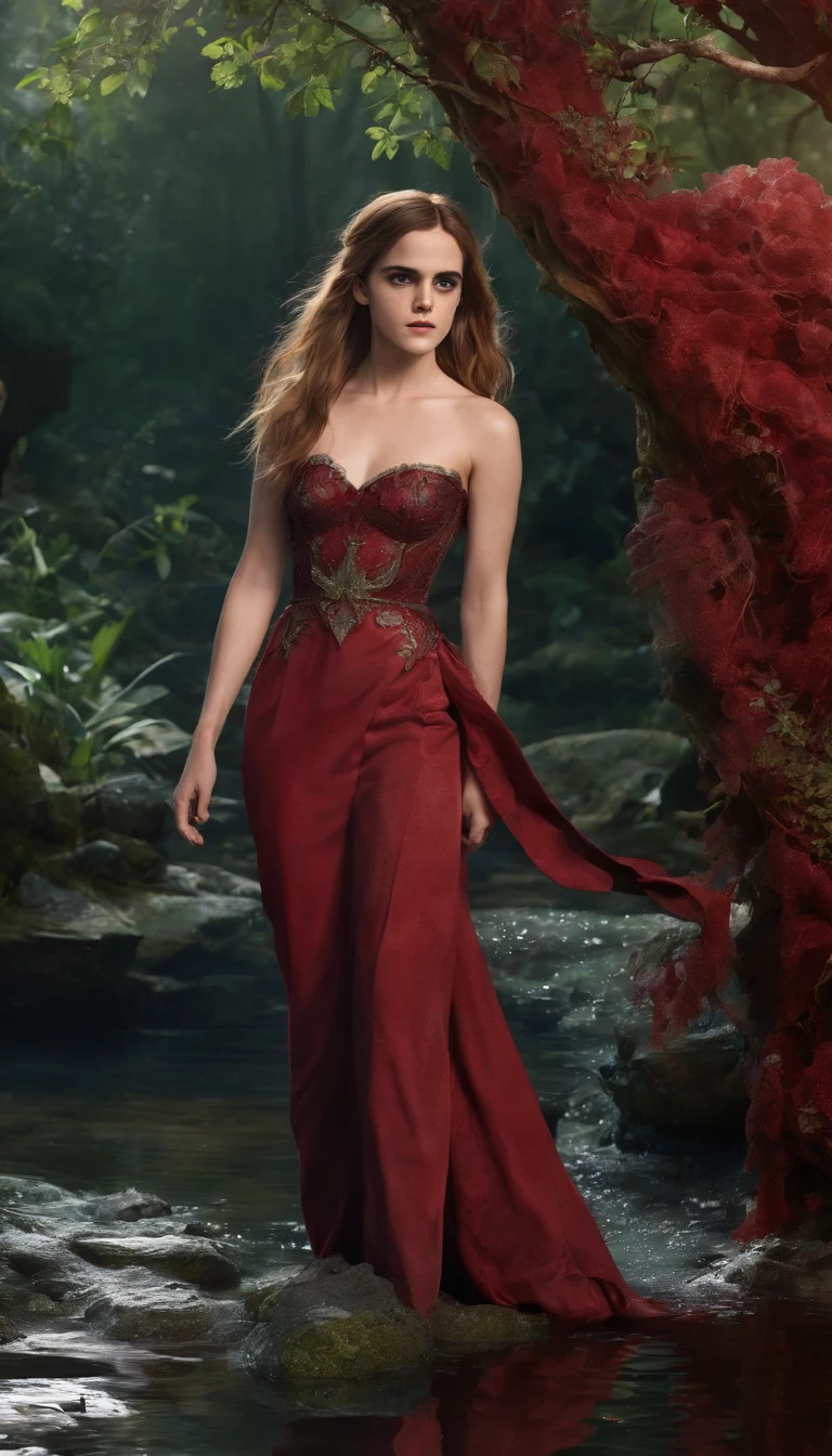 ((Emma Watson)) 
(((Sexy Red Slit Slave Dress))), (Long Hair:2.0), enchanted forest at twilight, ethereal light filtering through ancient towering trees, vividly detailed lush undergrowth, mystical creatures lurking in the shadows, sparkling fairy lights weaving through the foliage, a crystal-clear stream with water so pure it glows, cascading waterfall in the background with magical properties, fantasy wildlife drinking at the water's edge, highly detailed, photorealistic textures on every surface