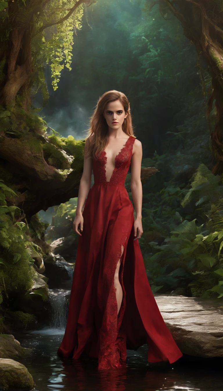 ((Emma Watson)) 
(((Sexy Red Slit Slave Dress))), (Long Hair:2.0), enchanted forest at twilight, ethereal light filtering through ancient towering trees, vividly detailed lush undergrowth, mystical creatures lurking in the shadows, sparkling fairy lights weaving through the foliage, a crystal-clear stream with water so pure it glows, cascading waterfall in the background with magical properties, fantasy wildlife drinking at the water's edge, highly detailed, photorealistic textures on every surface