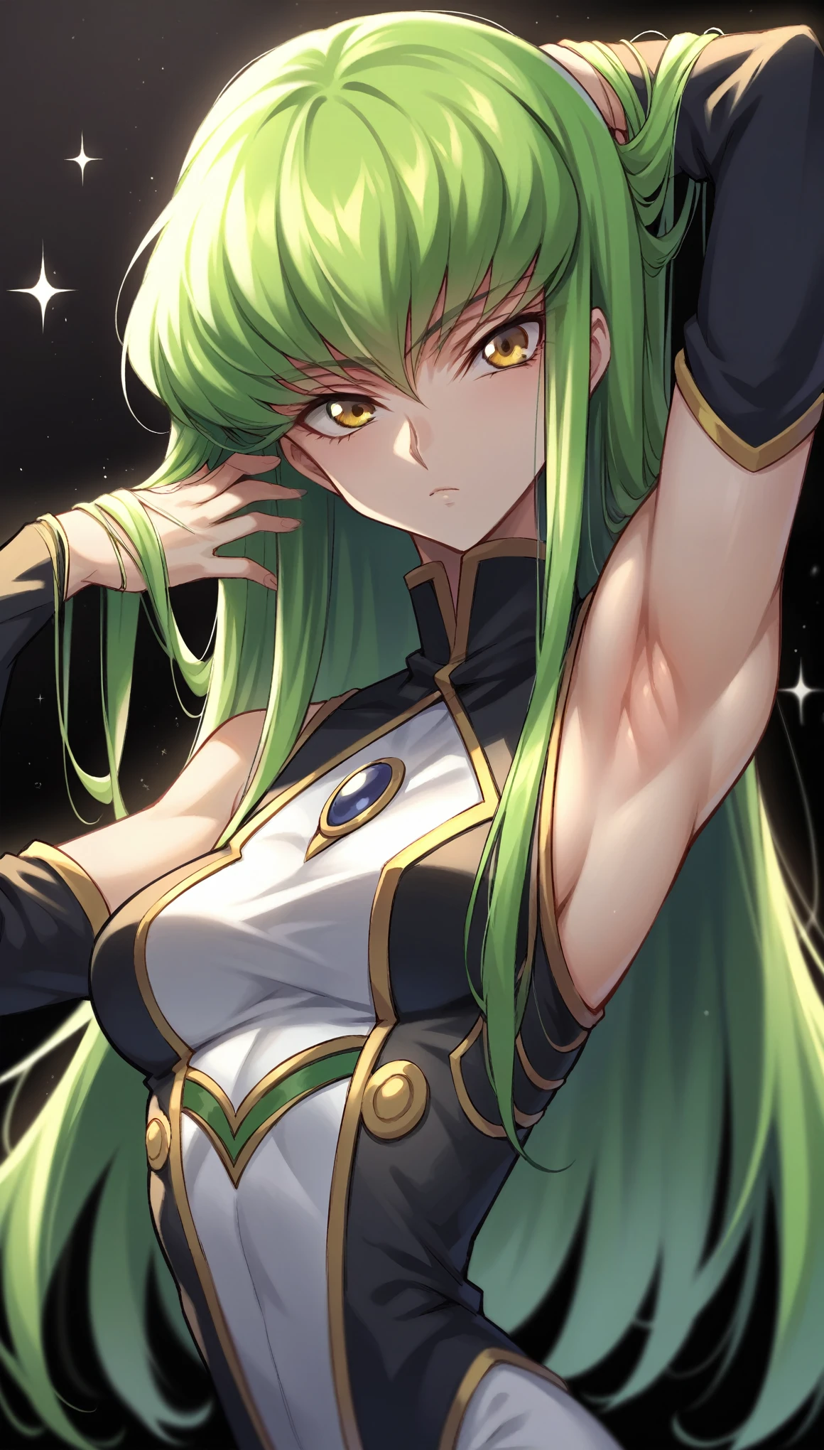 score_9, score_8_up, score_7_up, 1girl, c.c., code geass, armpit crease, bare shoulders, black background, black sleeves, blurry, bokeh, covered mouth, depth of field, detached sleeves, dress, green hair, hair over mouth, hand in own hair, head tilt, long hair, long sleeves, looking at viewer, messy hair, skinny, sleeveless, sleeveless dress, solo, sparkle, upper body, yellow eyes