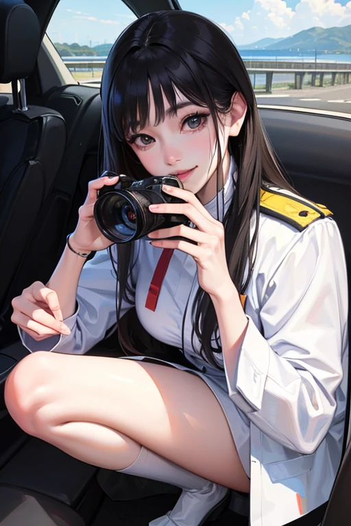 Top quality, Masterpiece, Super high res,(Photorealistic:1.4), Very detailed, Professional lighting smile, Masterpiece, Top quality, Very detailed, Octane rendering, Superior,(Japanese girl_woman:1.1), Japanese girl, taking photos of car from distance, car with woman in it, Woman in car, taking pictures from distance, upper body in uniform, car door wide open, showing cunt from inside car, pubic hair black, legs spread wide, crouching, female genitalia exposed