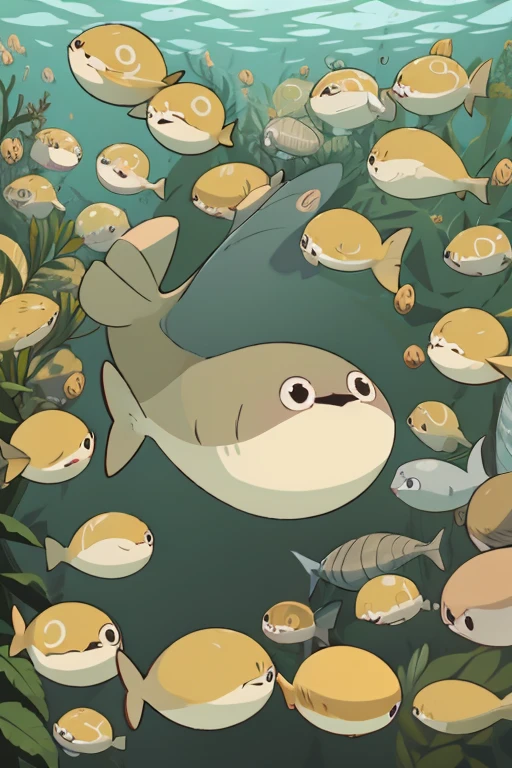 Anime Style、puffer fish、fish、No background、1 fish、cute、smile