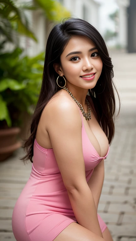 (8k, RAW Photos, Best Quality, High Resolution: 1.1), (Ultra Realistic: 1.4), (Realistic, Photorealistic: 1.3), young girl, (Malay Pakistani look), wearing red floral low cuti dress, posing like supermodel in green garden,  6pm, (dimples cheek), Realistic Face, Realistic Body, Realistic Skin, side view, Absurdity, Masterpiece, (Cute: 1.8), Cuties, Solo, Detailed Black Eyes, Innocent Eyes, Cheek, Film grain, long necklace,  small earrings, ((hair black, long straight rebonding hair)), cherry colored lips,  look viewer from below, upper body, open lips, cleavage, medium breast, nipples, upper teeth, cute smile show teeth, (smiling eyes: 0.6), (grin: 1.2)), depth of field, blurred background, eye focus, bokeh, young, 85mm lens f/2, ambient soft lighting,  photon mapping, radiosity, physically based rendering, 