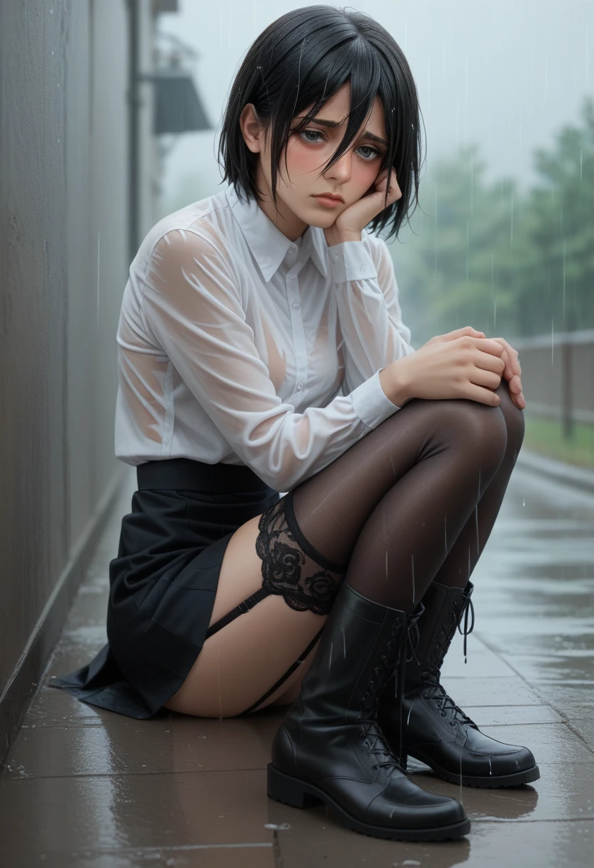 1 girl, Mikasa Ackerman, long black hair, under the rain, shy, blush, white long sleeve shirt, braless, transparent, short skirt, garter belt, lace black stockings, long black boots, perfect feet, perfect body, perfect legs, perfect arms, perfect hands, Whole body. sitting on the floor, face resting on knees, Front