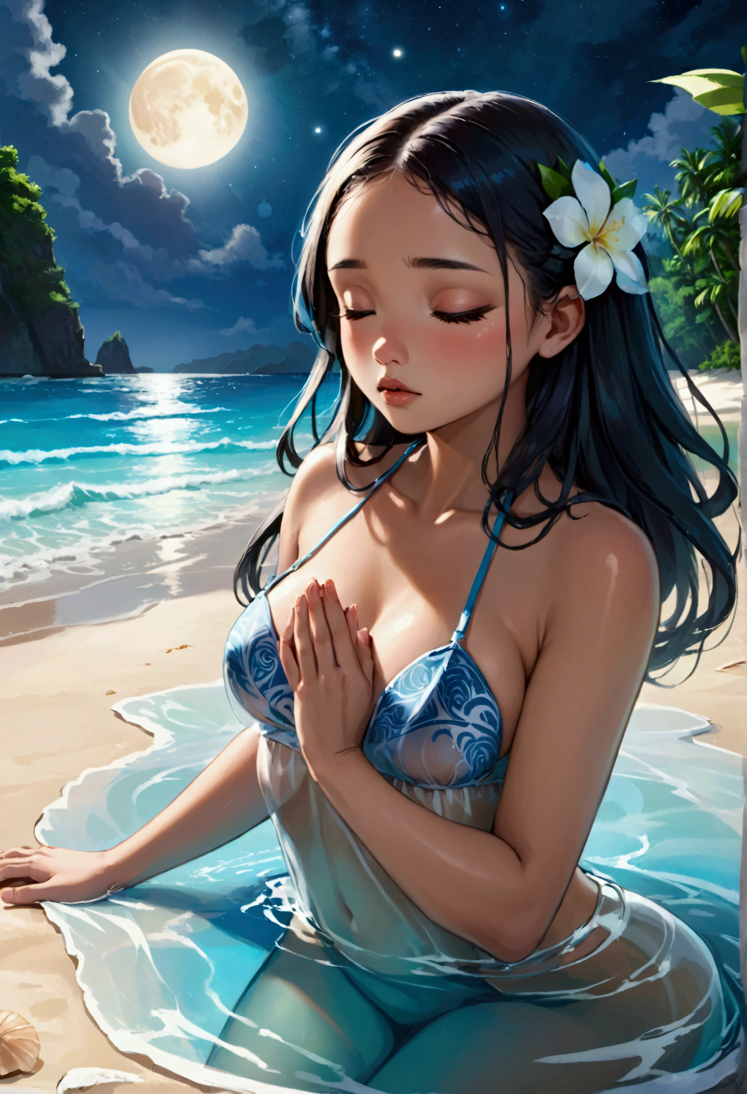 A lovely scantily clad woman (samoan) prays for fertility at a serene beach. A translucent goddess floats above the water and listens to her prayer. Moonlit confession
