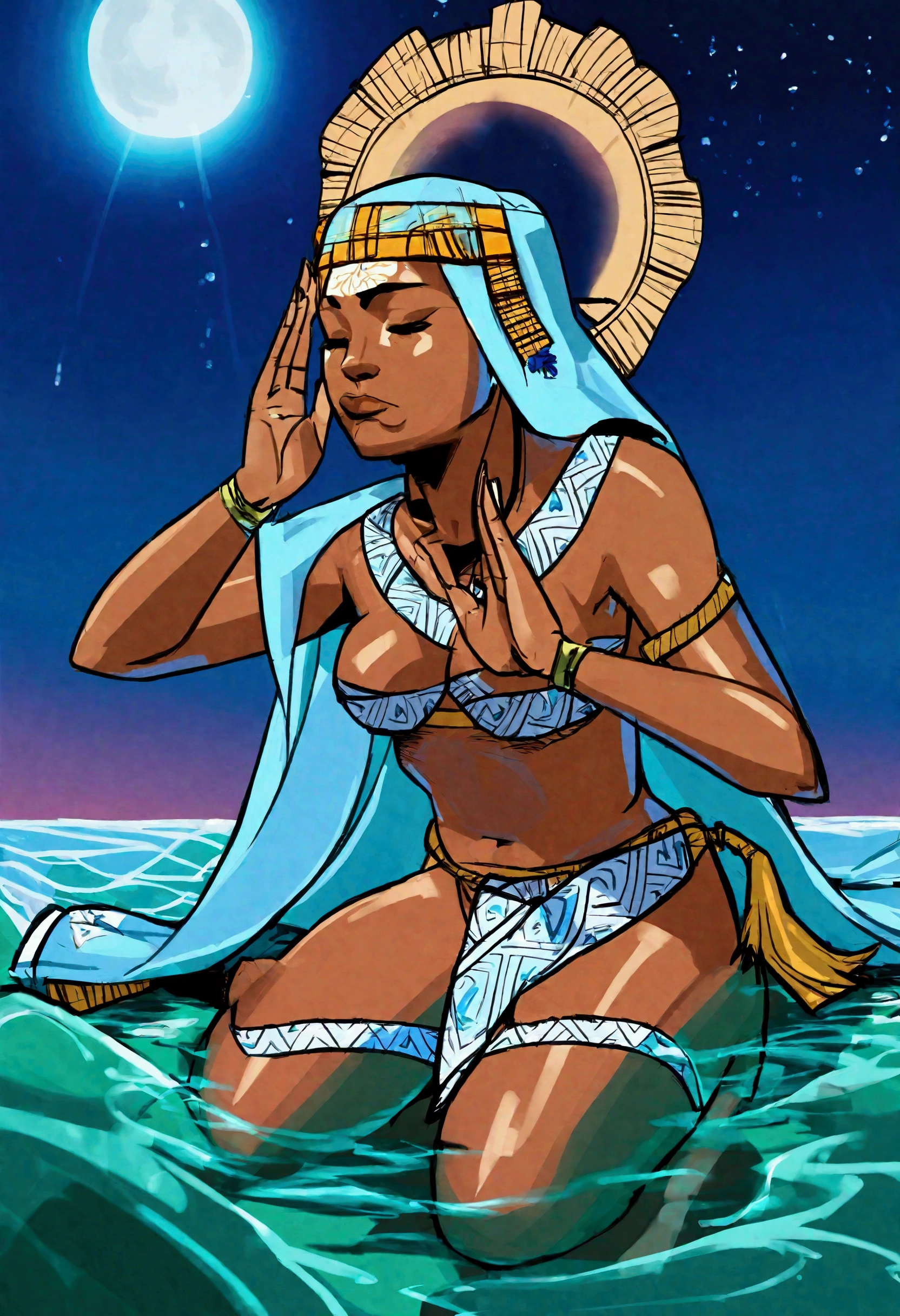 A lovely scantily clad woman (samoan) prays for fertility at a serene beach. A translucent goddess floats above the water and listens to her prayer. Moonlit confession
