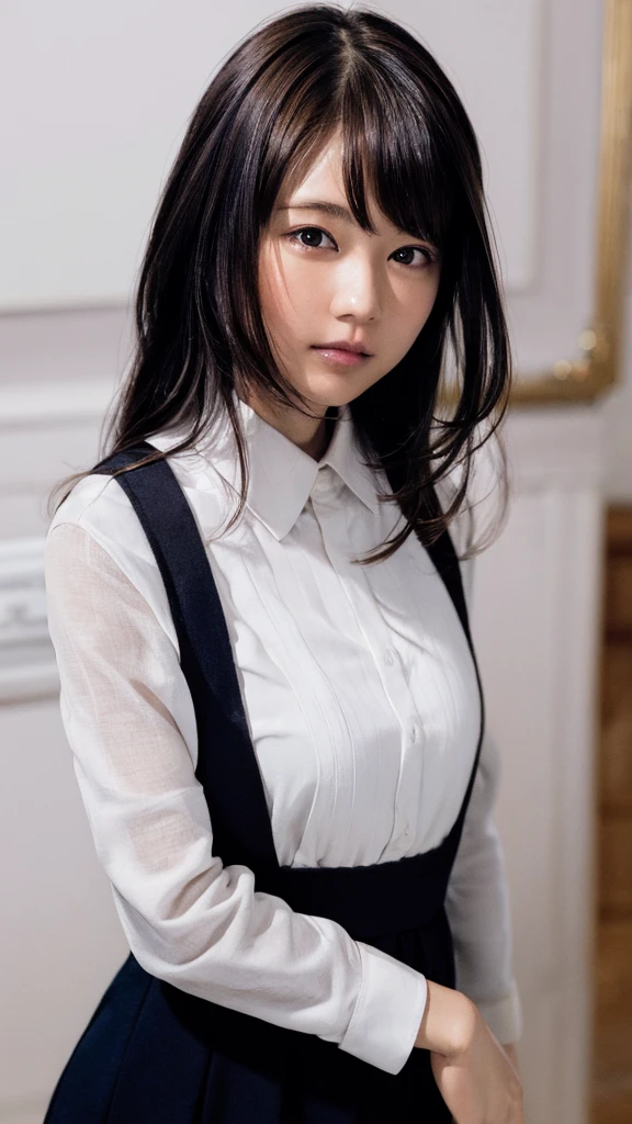 ((masterpiece, Highest quality)), (One girl), (alone), (Focus on women), night (Chainsaw Man),(Highly detailed face, The real picture, Realistic white skin, Realistic body, Intricate details), Upper Body, Severe , Brown eyes, Looking at the audience, bandage over the body, Black Hair, Long sleeve shirt, Pinafore dress, Black tie, bandage, bandage, Small breasts