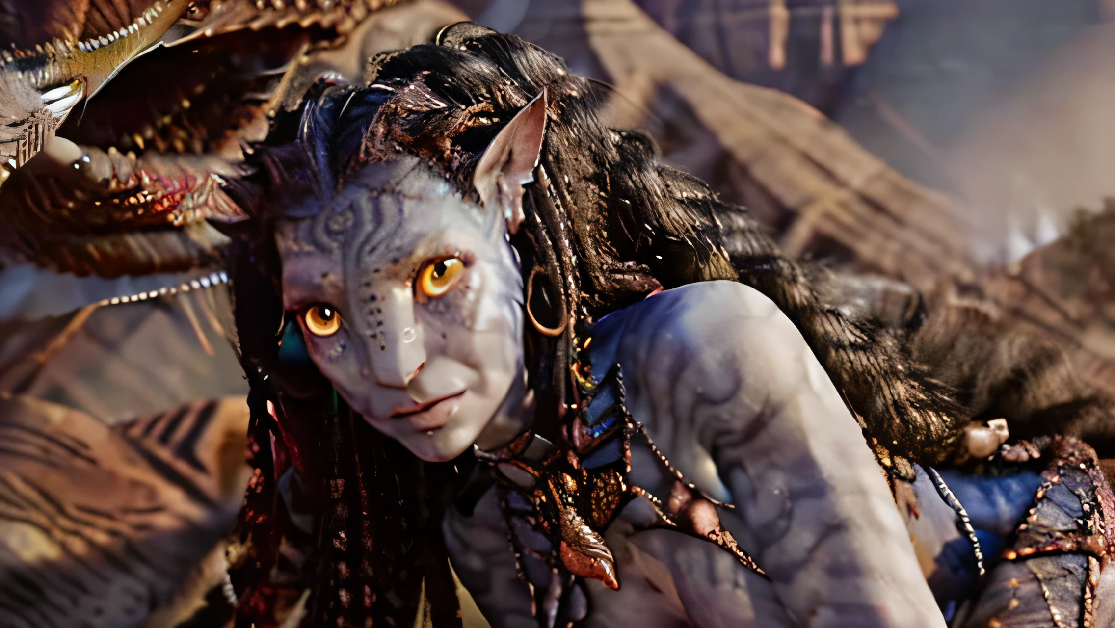 Na'vi  girl with dark purple skin,With dark stripes like a tiger on the skin, Ears with peacock earrings  long cat nose, red eyes, Long hair with closed and crossed braids (afro) (Completely covered body in a furry white tribal dress), best quality, perfect face (Egyptian white  clothes and golden jewelry) Holding scepter, Full body, at Feetd in a grand canyon with a large lake