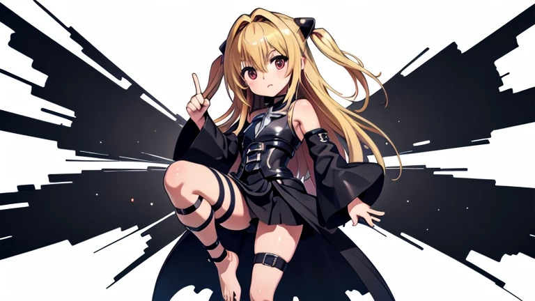 masterpiece, Best Quality, High resolution), 1 girl, aayami, by the wide, two sides up, hair ornament, bare shoulders, black dress, clothing trimming, separate sleeves, belt, thigh strap,Whole body,Legs together, left hand holding bread, right hand sticking out the middle finger,Flushed face,standing,20 years older,White background,legs in sight,,head on,barefoot,one leg up