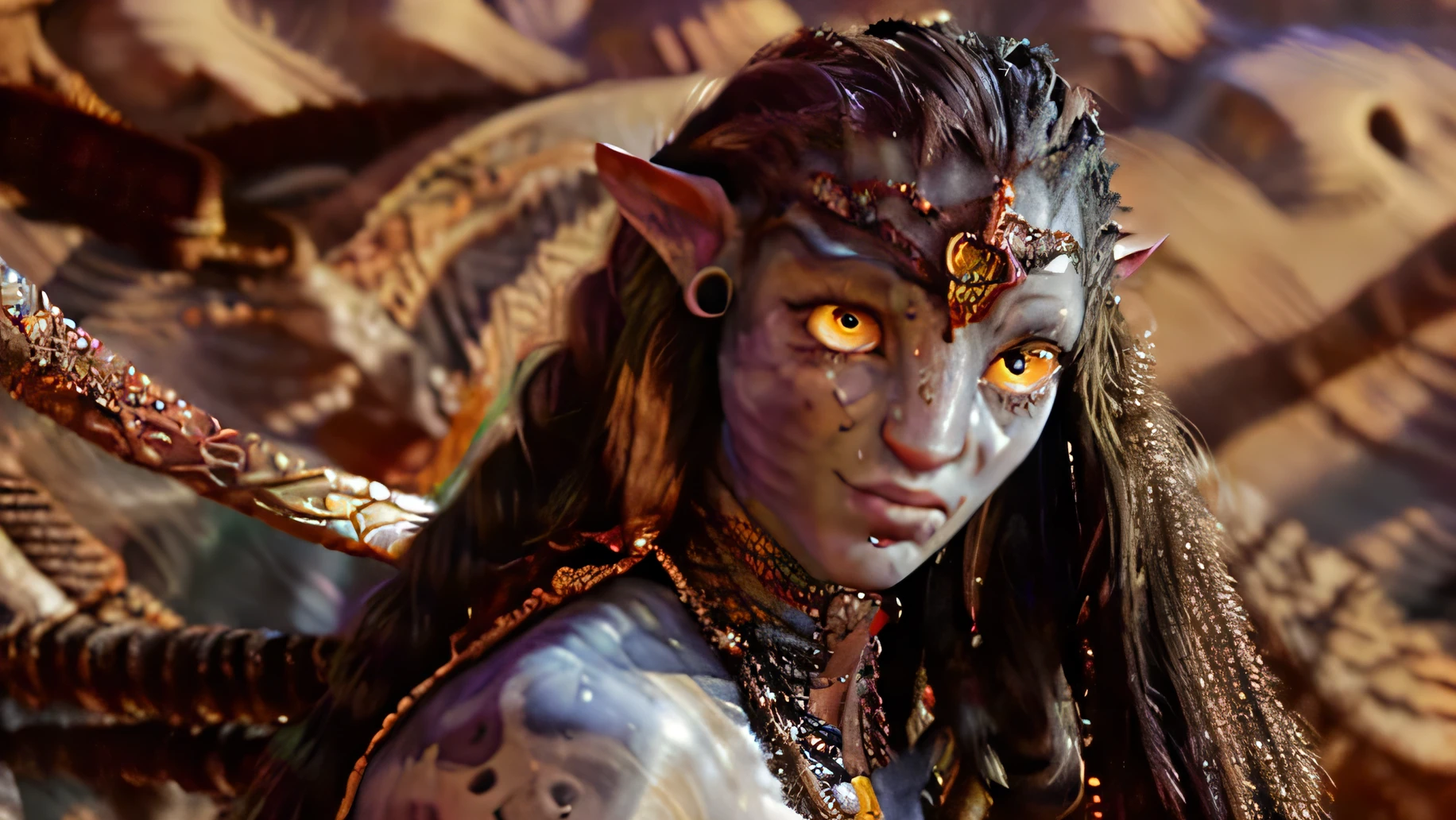 Na'vi  girl with dark purple skin,With dark stripes like a tiger on the skin, Ears with peacock earrings  long cat nose, red eyes, Long hair with closed and crossed braids (afro) (Completely covered body in a furry white tribal dress), best quality, perfect face (Egyptian white  clothes and golden jewelry) Holding scepter, Full body, at Feetd in a grand canyon with a large lake