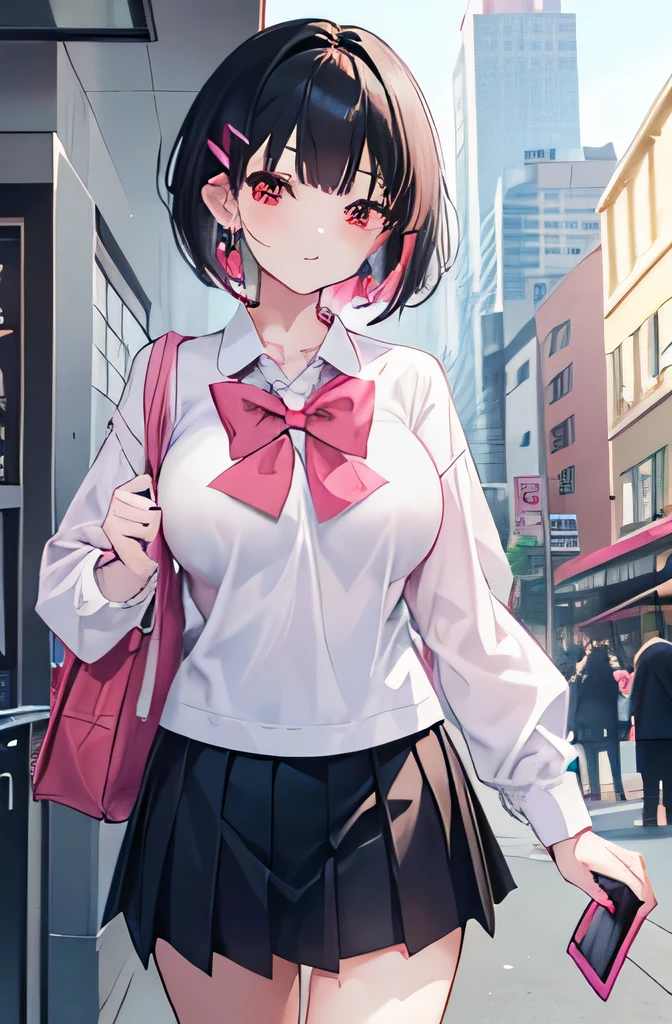 Anime, girl, teenage, hime-cut, short hair, black hair, red eyes, cool, earrings, walking around in the city, highlights pink under hair, big boob, sexy-cute, full-bodied, wearing a school uniform, holding a smart phone, hair clips,
