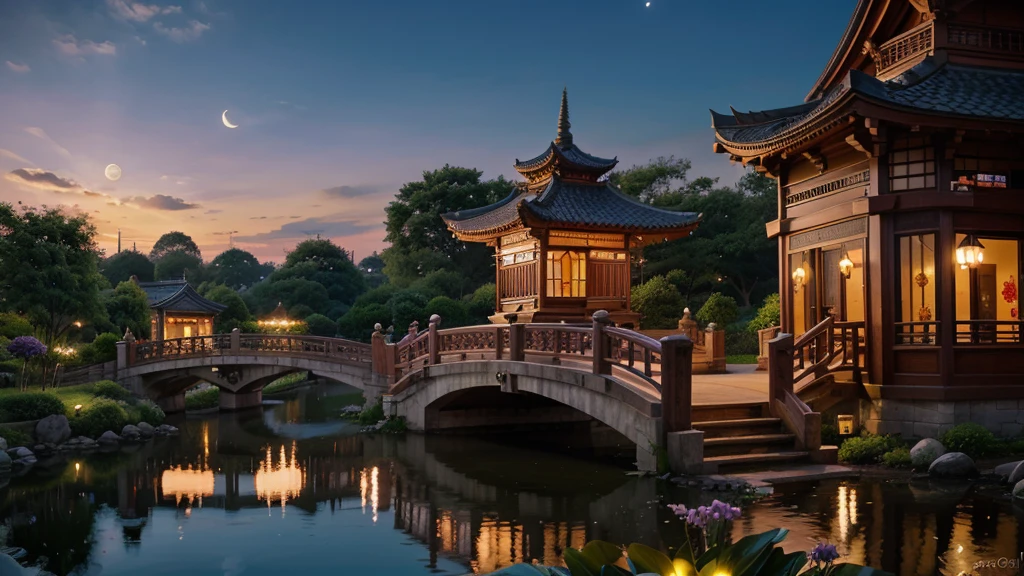 A vibrant, fantastical scene with a traditional East Asian pagoda at the center on a small elevated hill, connected by an ornate bridge over a calm, reflective pond. Two sleeping newborns are nestled in giant, life-like hands with detailed, textured skin and natural tones, forming a protective circle. Surrounding the pagoda, hands, and babies are vibrant, intricate flowers with predominant shades of coral, pink, purple, and green. The flowers vary in type, including peonies, daisies, and orchids, with some unopened buds. The moon illuminates the background, casting a soft glow over the scene. The overall composition creates a harmonious, almost sculptural aesthetic, blending hyper-realistic elements with a surreal, yet tender atmosphere.