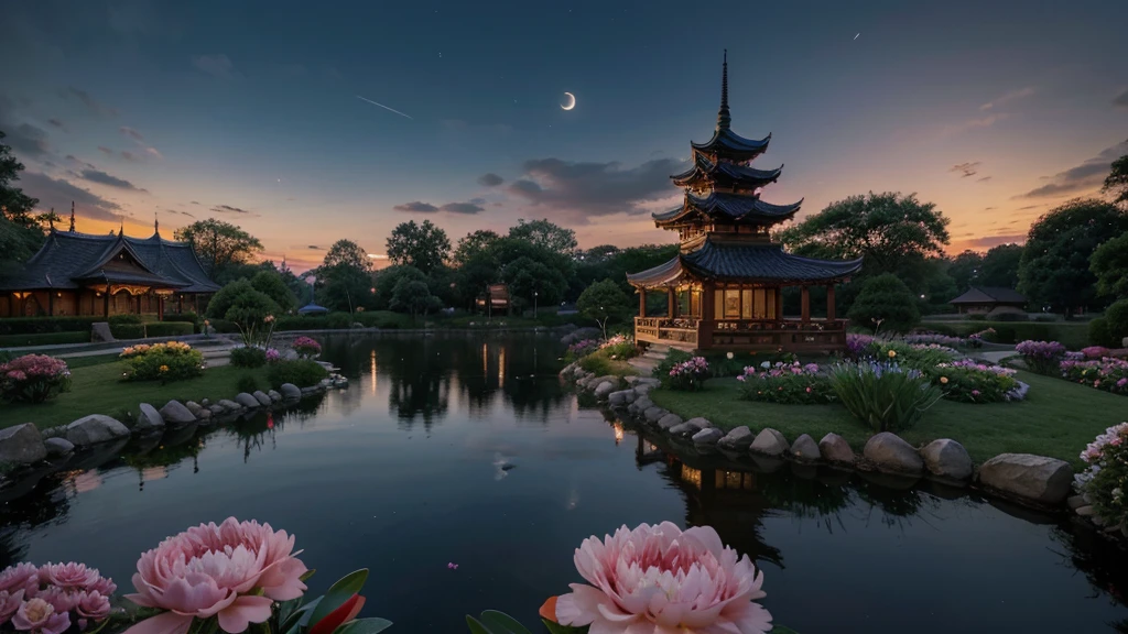 A vibrant, fantastical scene with a traditional East Asian pagoda at the center on a small elevated hill, connected by an ornate bridge over a calm, reflective pond. Two sleeping newborns are nestled in giant, life-like hands with detailed, textured skin and natural tones, forming a protective circle. Surrounding the pagoda, hands, and babies are vibrant, intricate flowers with predominant shades of coral, pink, purple, and green. The flowers vary in type, including peonies, daisies, and orchids, with some unopened buds. The moon illuminates the background, casting a soft glow over the scene. The overall composition creates a harmonious, almost sculptural aesthetic, blending hyper-realistic elements with a surreal, yet tender atmosphere.
