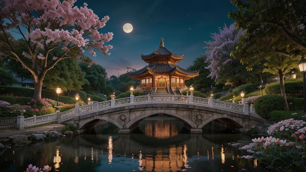 A vibrant, fantastical scene with a traditional East Asian pagoda at the center on a small elevated hill, connected by an ornate bridge over a calm, reflective pond. Two sleeping newborns are nestled in giant, life-like hands with detailed, textured skin and natural tones, forming a protective circle. Surrounding the pagoda, hands, and babies are vibrant, intricate flowers with predominant shades of coral, pink, purple, and green. The flowers vary in type, including peonies, daisies, and orchids, with some unopened buds. The moon illuminates the background, casting a soft glow over the scene. The overall composition creates a harmonious, almost sculptural aesthetic, blending hyper-realistic elements with a surreal, yet tender atmosphere.