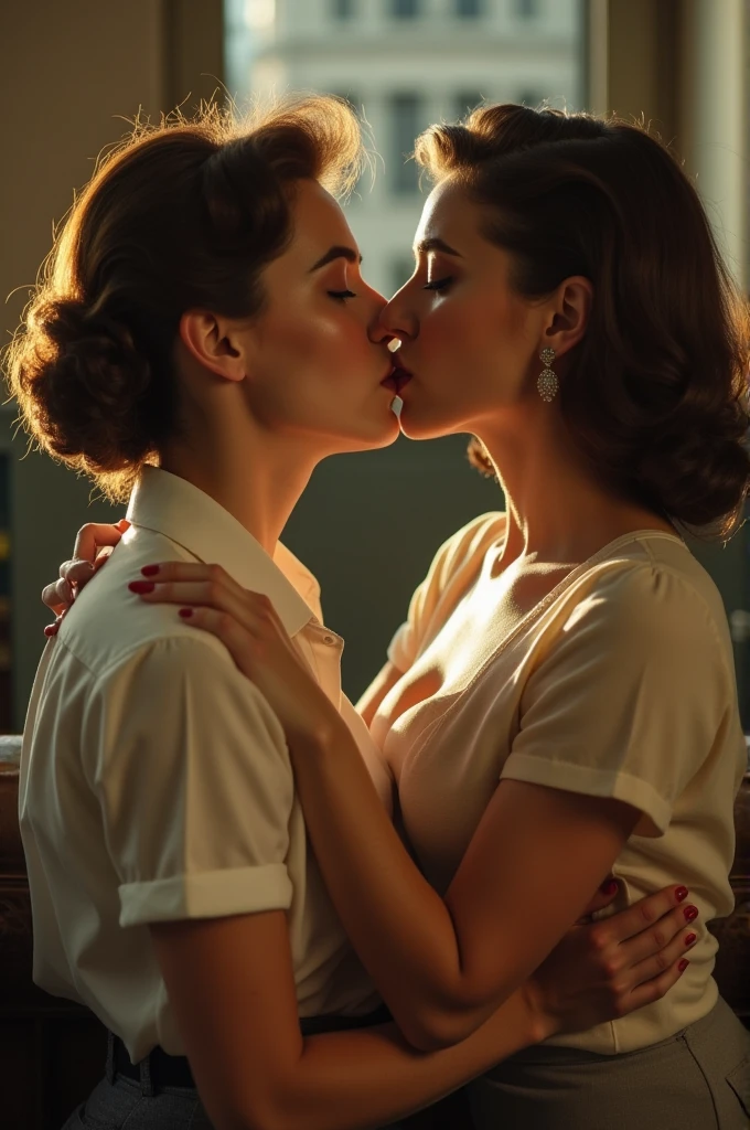 a woman office worker in love with her coworker, sucking her breasts, 1950s setting and fashion, detailed face and body, cinematic lighting, warm color palette, photorealistic, masterpiece