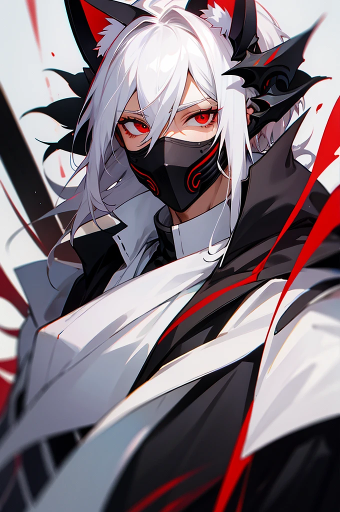 Male, white hair, mask, Red eyes, cat ears