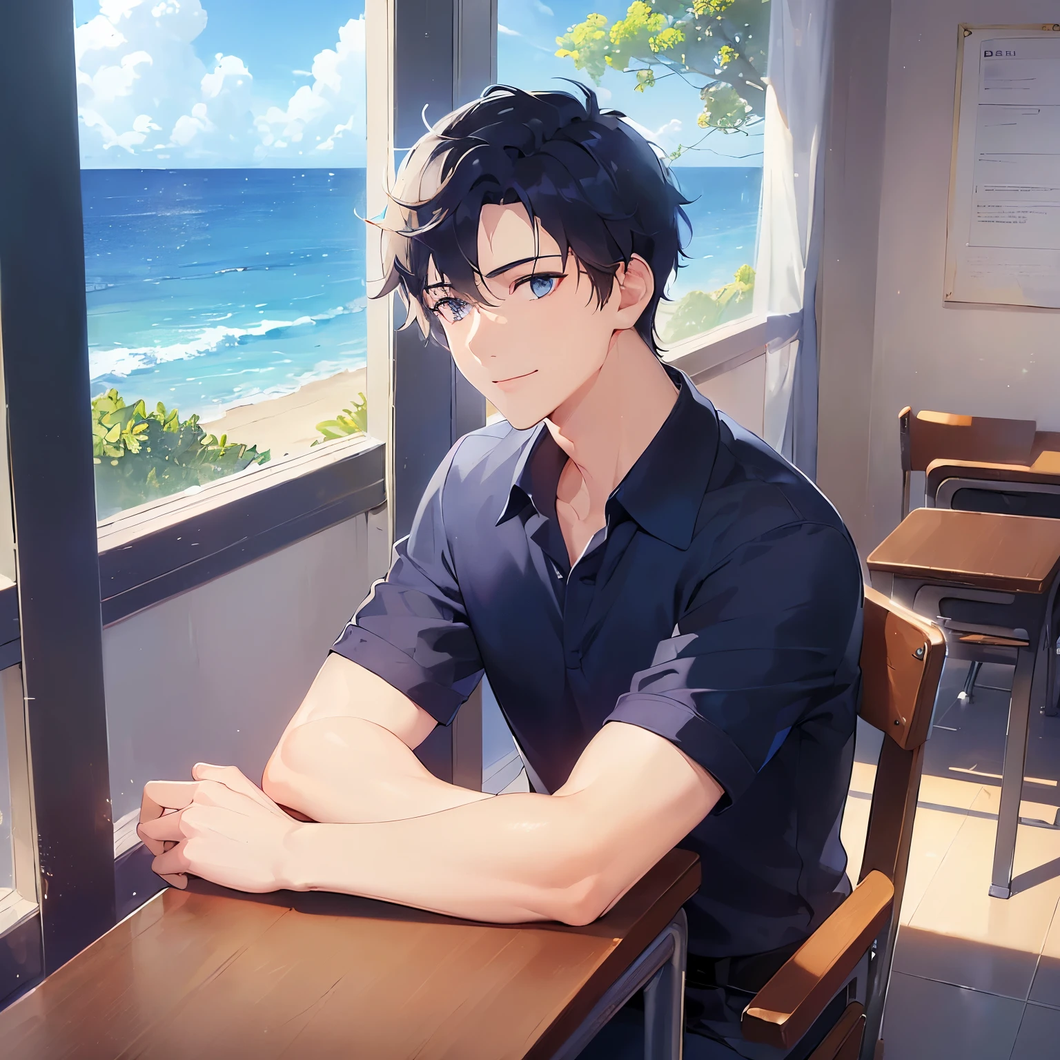 (looking away:1.5),upper body、Side shot、
shiny skin, masterpiece、Highest quality、
(25-year-old male:1.3) and (Black short hair) and (blue eyes),
(navy collared shirt)
smile,The background is the classroom、blue sky、window、(alone:1.5)
