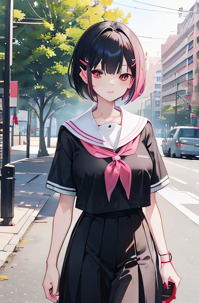Anime, girl, teenage, hime-cut, short hair, black hair, red eyes, cool, earrings, walking around in the city, highlights pink under hair, big boob, sexy-cute, full-bodied, wearing a school uniform, holding a smart phone, hair clips, 