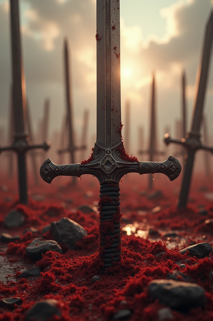 best quality,masterpiece,Ultra-high resolution,(Reality:1.4),RAW photos,War,There is blood all around,A battlefield with broken swords stuck in the ground,Style similar to Attack on Titan,Don't add characters