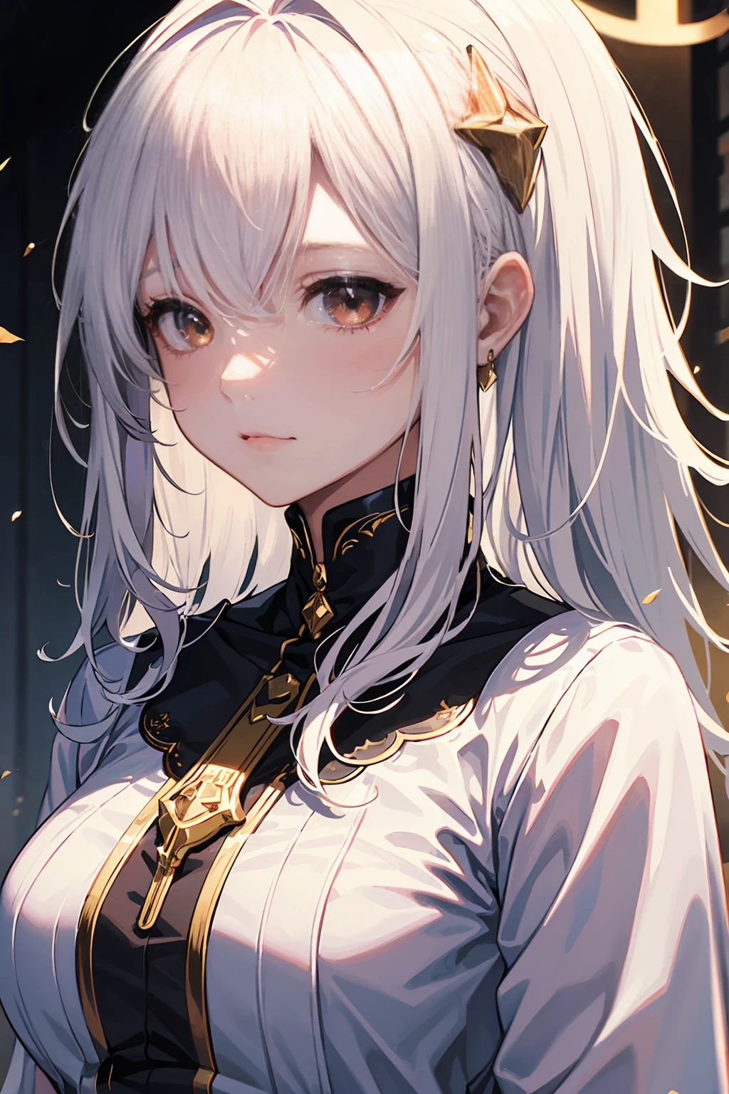 ((Masterpiece)) ((best quality)) ((ultra-detailed )) ((ultra sharp)) ((4k)).A girl with white hair and golden eyes with an aesthetic build. 