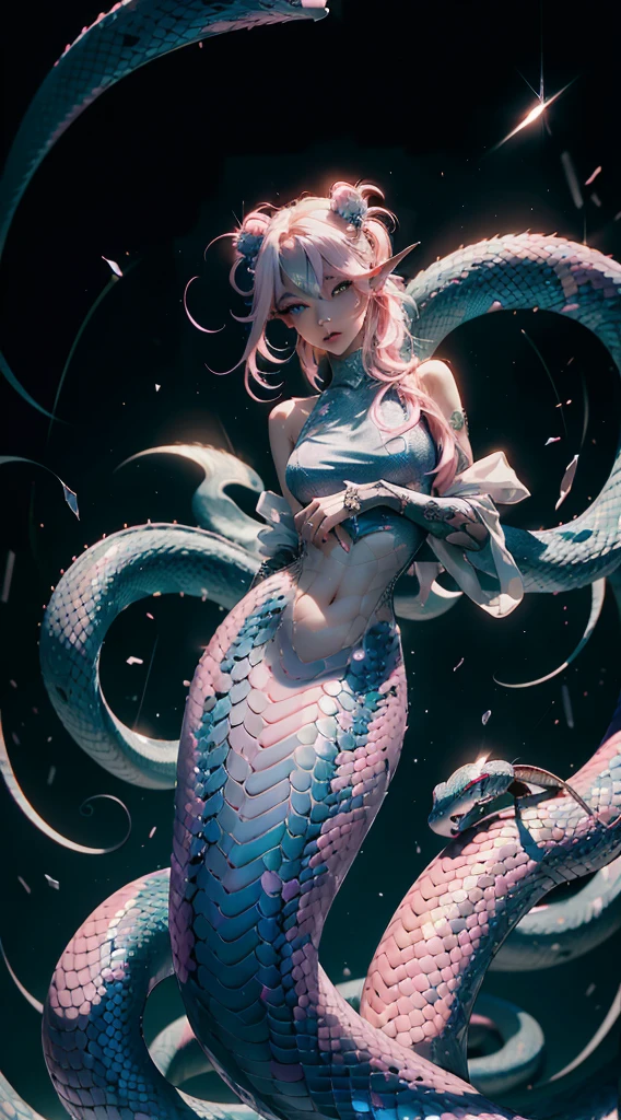 (serpent demon, ),((Best quality)), ((Masterpiece)), ((Photorealsitic)), Medusa,full bodyesbian,The hair is made up grey rock, full bodyesbian,((pink eyes)),((white top))Female young face, Scales all over naked,small chest and thin waist,(mermaids:1.2) ((Elongated pink snake tail:1.3))serius face,-realistic snake scales,Trends on ArtStation, Clear focus, studio photo, Complicated details, The is very detailed, Detailed eyes, illustratio, The is very detailed, Clear focus, A digital rendering, professinal, 4K