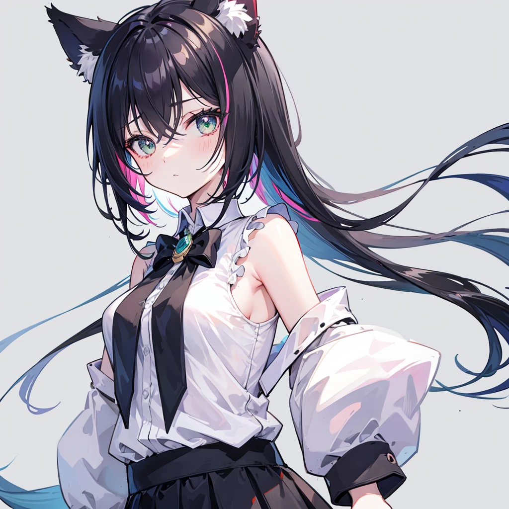 1 Girl, animal_ear_Brushed, animal_ears, Bangs, only_Shoulder, Black_hair, blush, breast, cexist_ears, closure_Mouth, Eyebrow_visible_pass_hair, green_Eye, grey_background, hair_between_Eye, Caril_(Princess_connect!), long_hair, Watching_exist_Viewer, Moderate_breast, Colorful_hair, shirt, simple_background, sleeveless, sleeveless_shirt, Solitary, superior_Body, White_background, White_shirt,