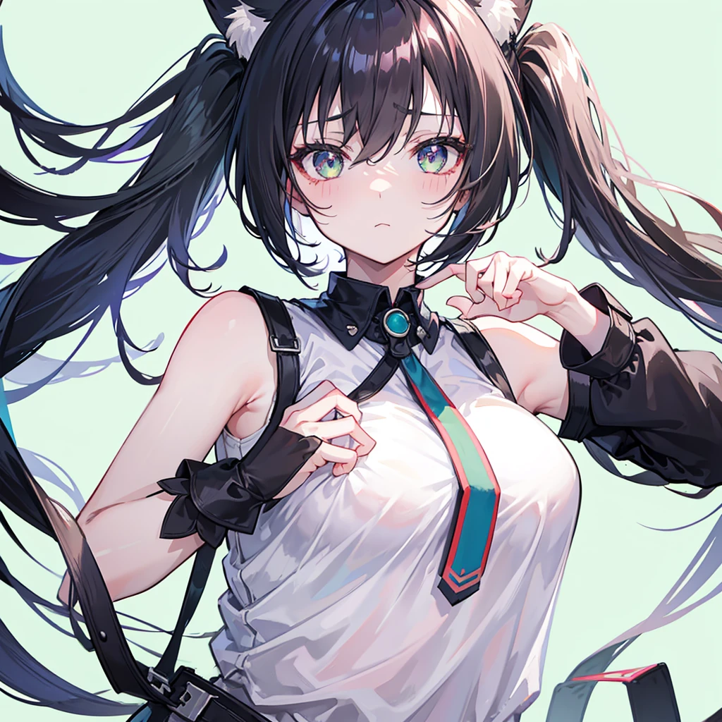 1 Girl, animal_ear_Brushed, animal_ears, Bangs, only_Shoulder, Black_hair, blush, breast, cexist_ears, closure_Mouth, Eyebrow_visible_pass_hair, green_Eye, grey_background, hair_between_Eye, Caril_(Princess_connect!), long_hair, Watching_exist_Viewer, Moderate_breast, Colorful_hair, shirt, simple_background, sleeveless, sleeveless_shirt, Solitary, superior_Body, White_background, White_shirt,