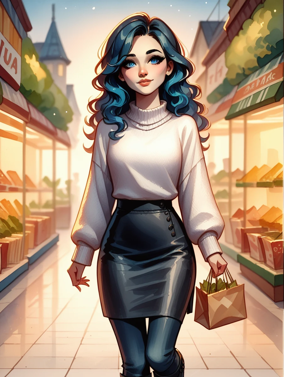 masterpiece, best quality, 1 woman, solo, black wavy hair, blue eyes, looking at viewer, white sweater, black skirt, long black boots, watercolor illustration. cartoon,she is shopping.