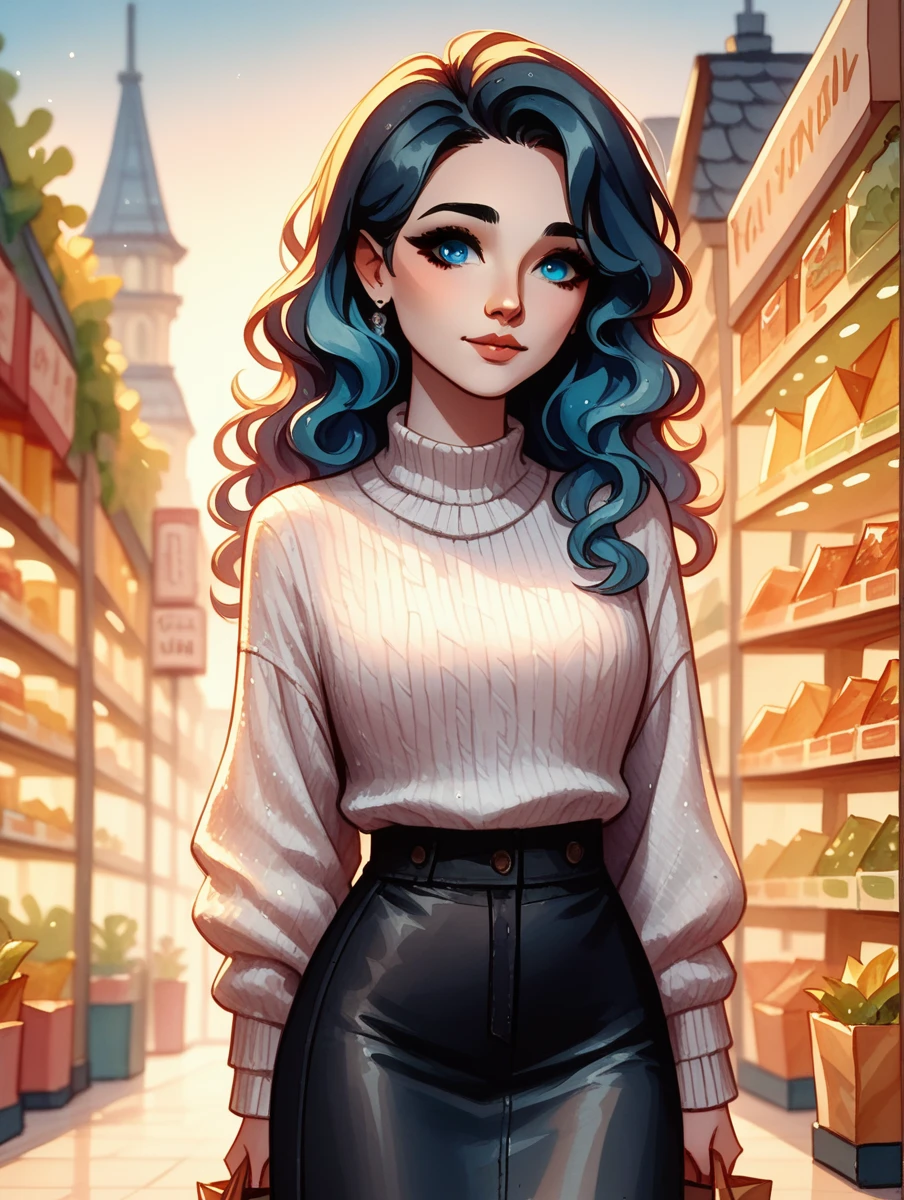 masterpiece, best quality, 1 woman, solo, black wavy hair, blue eyes, looking at viewer, white sweater, black skirt, long black boots, watercolor illustration. cartoon,she is shopping.