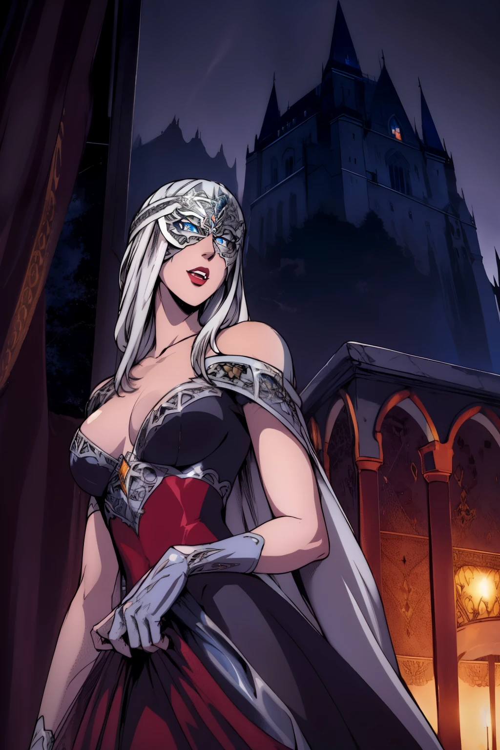 carmilla, Alone, medium breasts, naked, naked, nude, by white, beautiful face, blue eyes, (masterpiece:1.2), Best Quality, absurdities, High resolution, extremely detailed wallpaper, perfect lighting, from below, blue eyes, castillo, view of the castle, outdoors, de evening, evening, at night, ((silver mask))