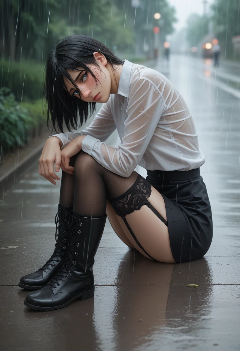 1 girl, Mikasa Ackerman, long black hair, under the rain, shy, blush, white long sleeve shirt, braless, transparent, short skirt, garter belt, lace black stockings, long black boots, perfect feet, perfect body, perfect legs, perfect arms, perfect hands, Whole body. sitting on the floor, face resting on knees, back, looking back