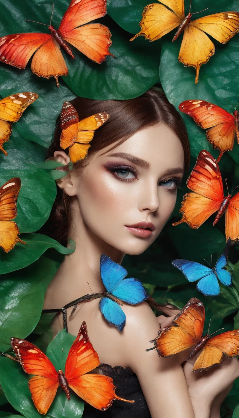 colorful beautiful butterflies on leaves, dew, morning atmosphere