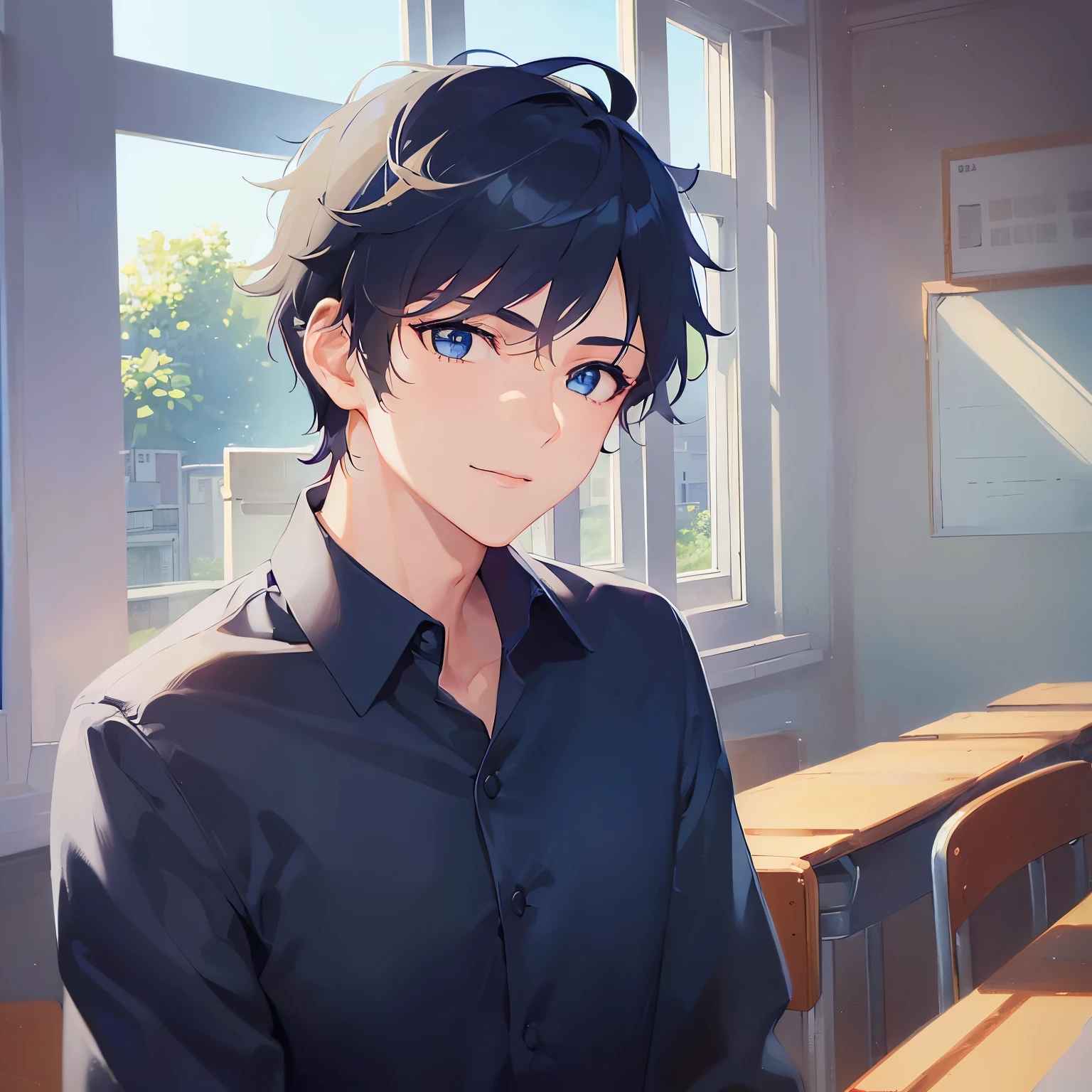 (looking away:1.5),upper body、Side shot、
shiny skin, masterpiece、Highest quality、
(25-year-old male:1.5) and (Black short hair) and (blue eyes),
(navy collared shirt)
smile,The background is the classroom、blue sky、(alone:1.5),window