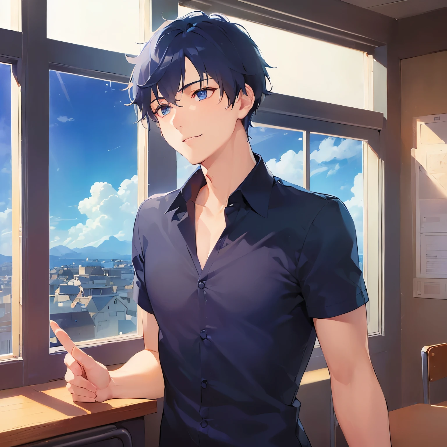 (looking away:1.5),upper body、Side shot、
shiny skin, masterpiece、Highest quality、
(25-year-old male:1.5) and (Black short hair) and (blue eyes),
(navy collared shirt)
smile,The background is the classroom、blue sky、(alone:1.5),window