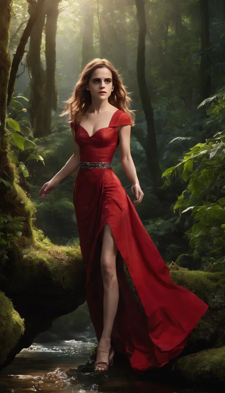 ((Emma Watson)) 
(((Sexy Red Slit Slave Dress))), (Long Hair:2.0), enchanted forest at twilight, ethereal light filtering through ancient towering trees, vividly detailed lush undergrowth, mystical creatures lurking in the shadows, sparkling fairy lights weaving through the foliage, a crystal-clear stream with water so pure it glows, cascading waterfall in the background with magical properties, fantasy wildlife drinking at the water's edge, highly detailed, photorealistic textures on every surface