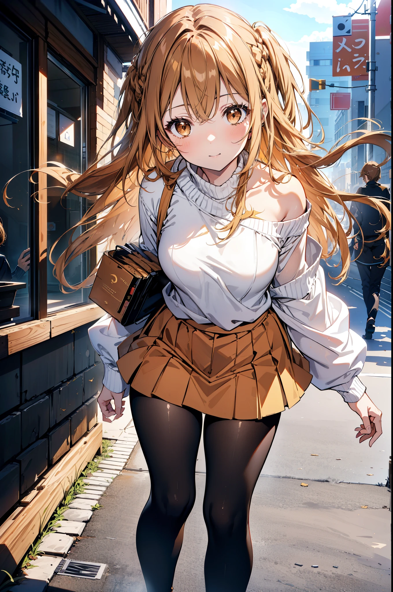 a sun ayuuki, a sun a yuuki, Long Hair, Brown Hair, (Brown eyes:1.8),smile,blush,Red one-shoulder sweater,mini skirt,Black tights,short boots,Daytime,Clear skies,Walking,whole bodyがイラストに入るように,
break outdoors, Building district,
break looking at viewer, whole body,
break (masterpiece:1.2), Highest quality, High resolution, unity 8k wallpaper, (figure:0.8), (Beautiful attention to detail:1.6), Highly detailed face, Perfect lighting, Highly detailed CG, (Perfect hands, Perfect Anatomy),