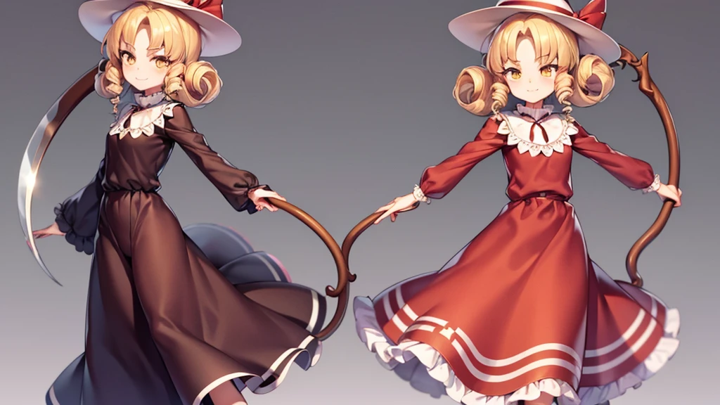 a drawing of an anime character in a red dress and boots with a large scythe, ((high end)), (UHD picture), (best quality,4k,8k,highres,masterpiece:1.2), top-quality(​masterpiece), top-quality, ultra-detailed, highly detailed texture, intricate details, high quality textures, masterpiece, best quality, perfect quality, perfect anatomy, perfect body, perfect symmetrical face, perfect hands, perfect feet, (two arms:1.2), (two legs:1.2), (five fingers each:1.2), (perfect joint:1.2), perfect joint movement, precise fingers and hands, 1 beautiful girl, 1 girl, alone, solo, , 10 years old, (((loli))), ((childish)), hat, white hat, blonde hair, long hair, parted bangs, drill hair, well-formed face, yellow eyes, maxi dress, red dress, dress, long sleeves, frills, long skirt, simple background, scythe, holding scythe, holding, white socks, smile, cute face, beautiful, holding scythe