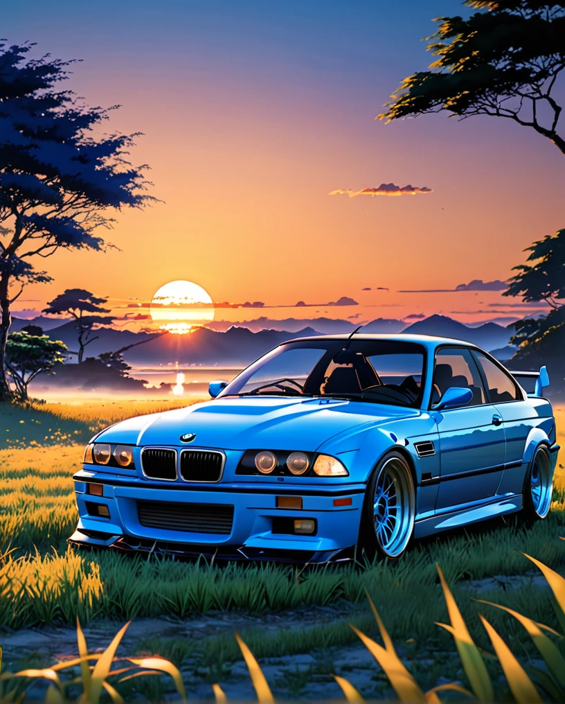 A classic BMW M3 E36 sports car in ABS blue、Anime scenery of a girl sitting in tall grass with a sunset in the background.Beautiful anime scene, Beautiful anime peace scenes, Makoto Shinkai Cyril Rolland, Beautiful anime scene, Awesome Wallpapers, Anime Art Wallpapers 8K, Anime Background, artistic Anime Background, anime wallpaper 4k, Anime Art 4K Wallpaper, Anime Wallpaper Art 4k,