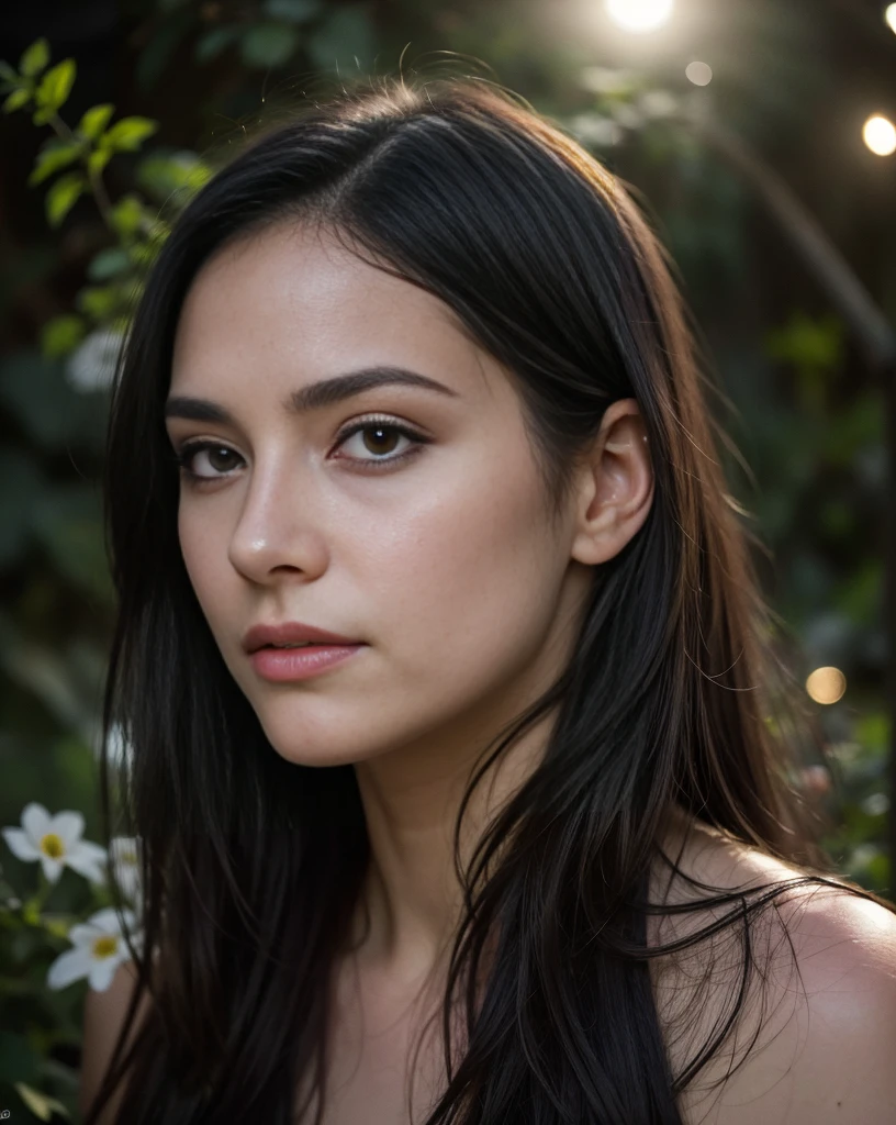 a woman in a night garden, confessing under the moonlight, long dark hair, beautiful detailed eyes, beautiful detailed lips, extremely detailed face, longeyelashes, delicate facial features, elegant evening gown, vulnerable expression, moonlit garden, blooming flowers, lush foliage, soft lighting, serene atmosphere, muted color palette, (best quality,4k,8k,highres,masterpiece:1.2),ultra-detailed,(realistic,photorealistic,photo-realistic:1.37),dramatic lighting,cinematic composition,emotional portrait