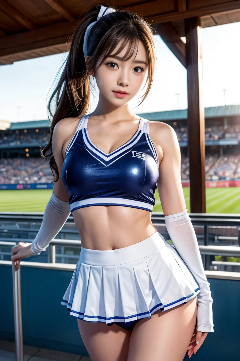 (masterpiece,best quality:1.4),(8k,raw photo,photo realistic:1.2),UHD, ,(shiny skin:1.4),detailed skin,detailed face,detailed eyes,(beautiful sparkling eyes:1.2),Symmetrical eyes,Detailed ear,1girl,natural make-up,(((Japanese idol))),((beautiful Japanese)),(face of the Golden Ratio),Detailed Background,Bea((utiful shiny hair,ponytail)),,(((cute ))),((Average teen breasts)),,upper body,(Detailed cheerleader sexy Uniforms,Teen,,Professional Lighting,Taken from directly below,(Very detailed ,cheerleader Uniforms design,online shopping,LUMINE® Market,),((cute student)),Instagram Style,,Dynamic panties angle,(Detailed Cheering seats at Koshien Stadium,Great location),sakuragun,Wacoal for visible panties