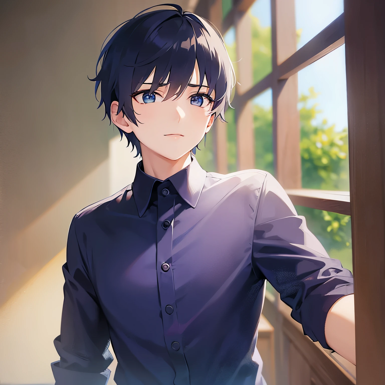 (looking away:1.5),upper body、Side shot、profile、
shiny skin, masterpiece、Highest quality、
(25-year-old male:1.3) and (Black short hair) and (blue eyes), 
(navy collared shirt) 
smile,The background is the classroom、blue sky、window、（alone:1.5）