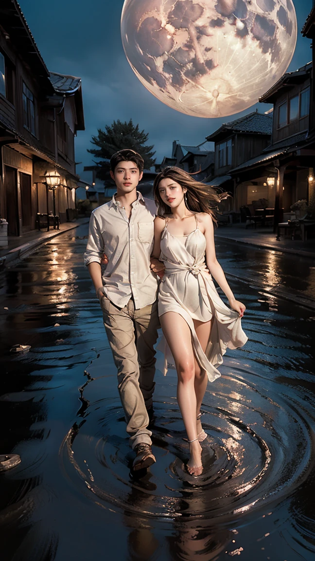 masterpiece, highest quality, Highest image quality, High resolution, photo realistic, Raw photo, wide shot, side view, full body photo, (night, giant Moon in the sky, outdoor, boy and girl holding hands, look at each other)