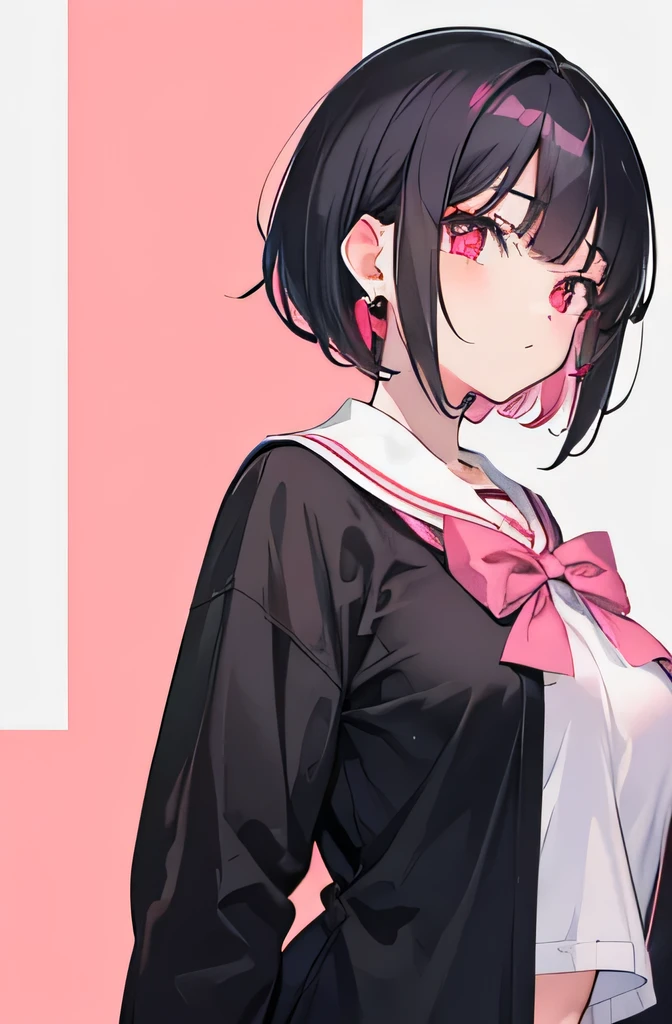 Anime, girl, teenage, hime-cut, short hair, black hair, red eyes, cool, earrings, sakura, highlights pink under hair, big boob, sexy-cute, full-bodied, wearing a school uniform,