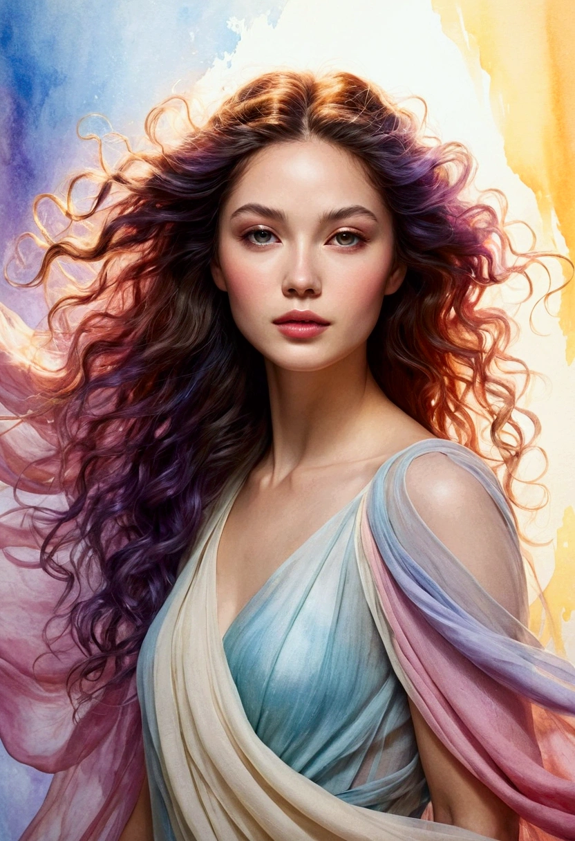 In the heart of the portrait stands a woman, her silhouette radiating elegance and fortitude, with a straight posture that conveys poise and confidence. She is draped in ethereal, sheer fabric that billows around her like wisps of cloud, the translucent material capturing and refracting light, creating delicate shadows that enhance her graceful form. Her hair, flowing like molten gold, consists of shimmering strands that catch the ambient glow, framing her serene visage with a soft halo that highlights her luminous, porcelain complexion. The background is a dreamscape painted in vibrant watercolors, where soft pastels—pinks, blues, and lavenders—blend seamlessly into bold splashes of color—deep reds, bright yellows, and rich greens—creating a dynamic backdrop that pulses with energy. The overall composition features the woman centrally positioned, with the swirling colors creating a sense of movement around her, drawing the viewer's eye inward. The lighting is soft and diffused, enhancing the ethereal quality of the scene, while the use of both warm and cool tones in the backdrop adds depth and contrast. Keywords: portrait, elegant, ethereal, watercolor, dynamic, soft lighting, vibrant colors, graceful composition, central focus, serene ambiance, harmonious blend, translucent fabric, luminous complexion, flowing hair, dreamlike quality.