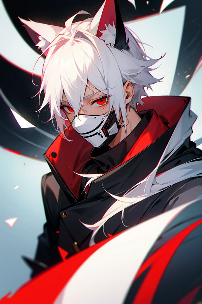 Male, white hair, mask, cat ears, red eyes