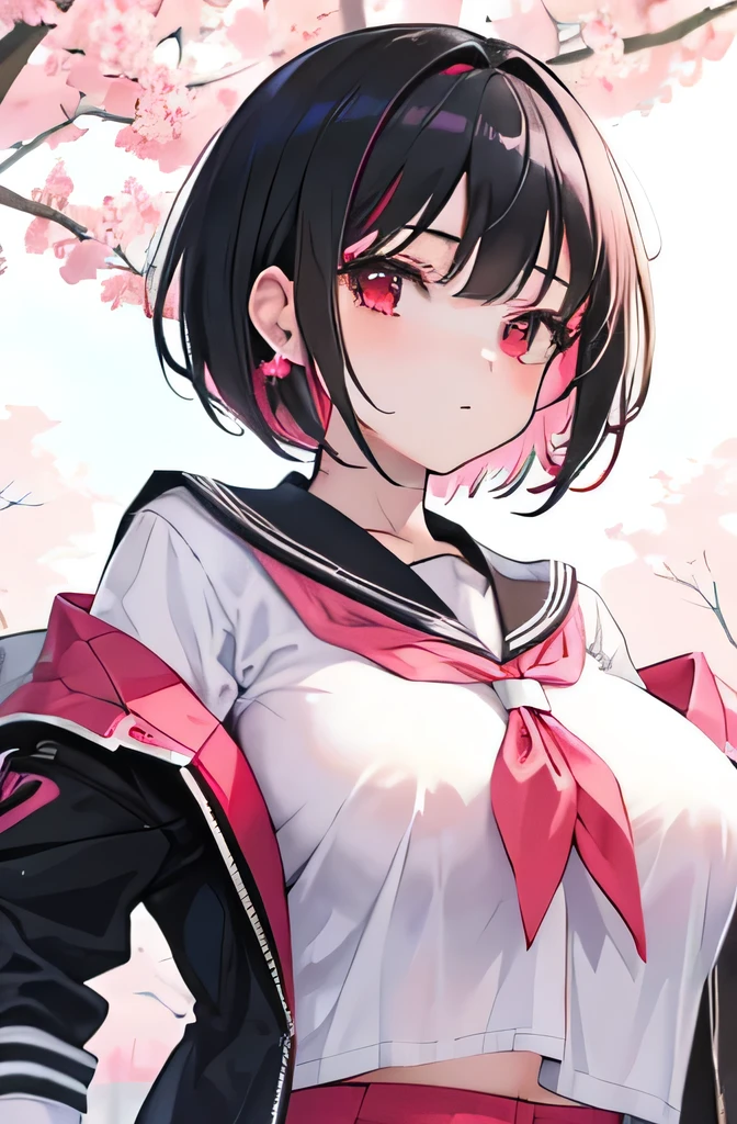 Anime, girl, teenage, hime-cut, short hair, black hair, red eyes, cool, earrings, sakura, highlights pink under hair, big boob, sexy-cute, full-bodied, wearing a school uniform,