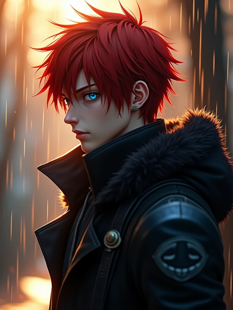Male, red hair, blue eyes , long black coat , devil may cry style, 8k, Ultra hd , high definition, rain effect , Golden hour, little armor, with a hoodie undone ,earring, style, fur , hero like style