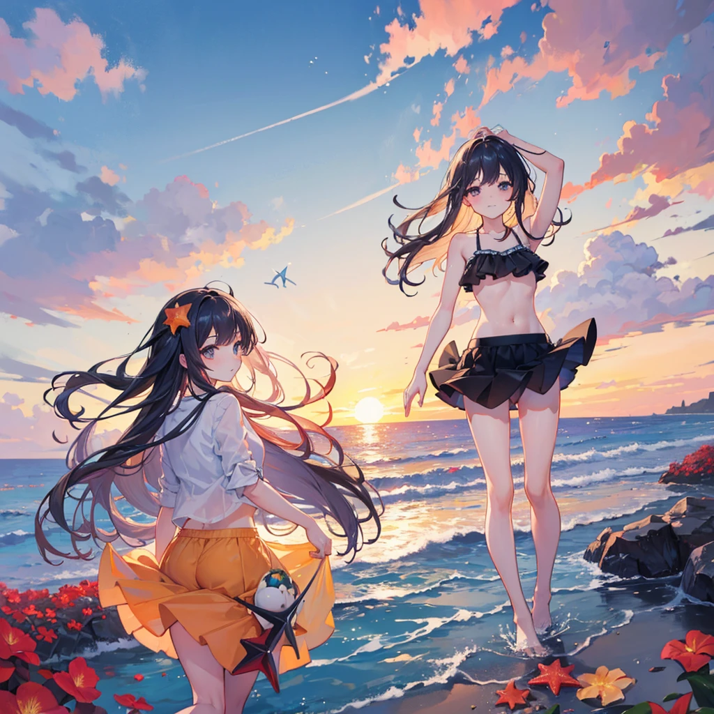 (masterpiece:1.2), (best quality:1.3), Shallow_Sunset, 1 Girl, permanent, cowboy_shooting, straw_have, swimsuit, skirt, shorts, flower, starfish, 